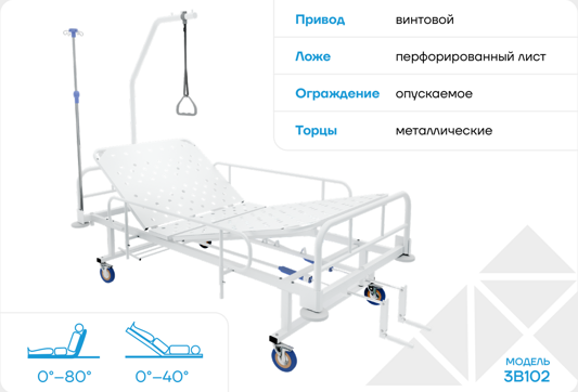 Кровать медицинская Tiardo трехсекционная с винтовым приводом модель 3В102